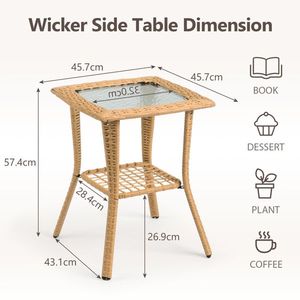 Beige Outdoor Wicker Side Table with Glass Top Rattan End Table for Indoor Garden Porch Balcony Patio Coffee Bistro Table - Product Image 3
