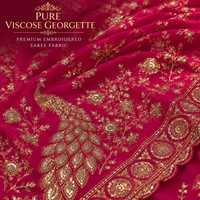 Saree Tradisional India Wanita Premium New Vision Merah Georgette Bordir Motif Merak Desainer Mewah Anti Kusut Semua Ukuran