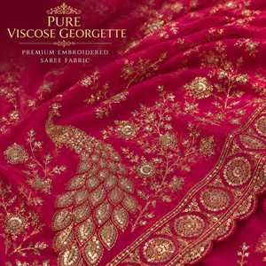Premium <b>Red</b> Viscose Georgette Embroidered Traditional <b>Saree</b> Peacock Motif Luxury Designer Wrinkle Free Wedding Party Wear - Product Image 5