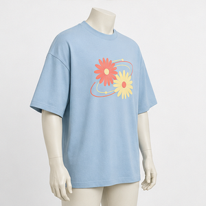 Camiseta de Manga Corta con Cuello Redondo Extra Grande para Hombre, Estampado Floral Azul Claro, Estilo Casual - Product Image 4