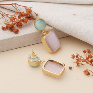 Handcrafted Dual Tone Cat Eye Stone <b>Dangle</b> <b>Earrings</b> <b>Gold</b> Plated Brass Pink Green Statement <b>Earrings</b> for Women Elegant Bohemian - Product Image 3