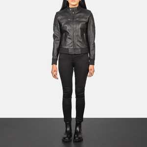 Chaqueta Bomber de Cuero para Mujer, Negra, Transpirable, para Invierno/Primavera/Otoño, con Cierre Frontal, Totalmente Personalizable, Hecha en Pakistán, 100% Poliéster - Product Image 3