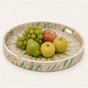 Plateau de service décoratif rond en nacre incrustée, fait main, mosaïque de coquillages, plateau de table basse, décoration d'intérieur avec poignée - Product Image 2
