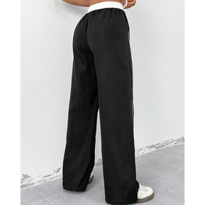 Nouvel article : Pantalon large noir pour femme, taille haute, élastique, coupe ample, longueur intégrale, couleur unie, bande latérale, style décontracté automne - Product Image 5