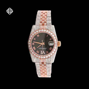 Montre de luxe pour homme, bicolore, en moissanite et quartz, avec chiffres romains incrustés de diamants, en or rose et argent, avec date et verre, pour affaires - Product Image 3