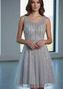 ผู้ผลิตชุดแต่งงานขายส่ง ชุดราตรีประดับเลื่อมสีเงิน ชุดค็อกเทลผ้าทูลล์ปักลูกปัด ชุดราตรีหรูหรา แขนกุด คอทรงกลม - Product Image 3