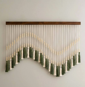 Large Sage Green <b>White</b> Vertical Macrame Wall Decal Contemporary Design Featuring Beautiful Wave Made Dense Tassels Available - Product Image 1