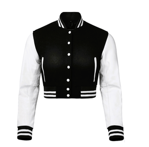 Veste universitaire pour homme, noir et blanc, manches en cuir PU, décontractée, col rabattu, fermeture éclair, coupe classique - Product Image 3