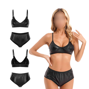 <b>Sexy</b> Black Metallic Bikini <b>Set</b> – Two Piece Matte Look Bralette High Waist Bottoms for Rave & Clubwear Women Leather Bra & Briefs - Product Image 1