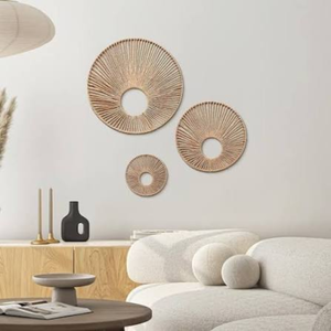 Ensemble de 3 miroirs muraux décoratifs ronds en corde de papier Art Déco, à suspendre, pour salon, chambre, entrée, en provenance du Vietnam - Product Image 3