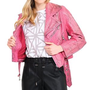 Chaqueta de cuero de motorista rosa de Invierno para mujer, piel de oveja, cierre de cremallera genuino, a prueba de viento, transpirable, con calefacción, patrón de animales en relieve - Product Image 6
