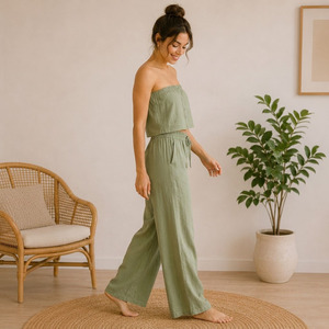 Ensemble de salon en lin pour femmes, certifié OEKOTEX, pyjama respirant pour femmes, ensemble de vêtements de nuit décontractés et doux - Product Image 2
