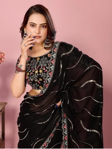 Sari de Mezcla de Seda Bordado al Estilo Bollywood KV - Product Image 4