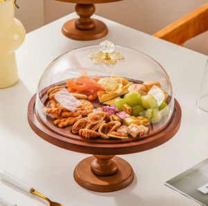 Round Wooden <b>Cake</b> <b>Stand</b> with Glass Dome Cover Reusable Dessert Display Holder for Home Kitchen Party - Product Image 2