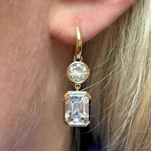 Emerald Cut Moissanite Gold Plated Classic Geometric <b>Drop</b> <b>Earrings</b> 925 Sterling <b>Silver</b> Bezel Set Dangle Wedding & Party Women - Product Image 3
