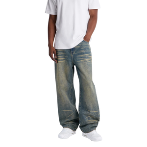 Jeans Anchos Vintage para Hombre, Lavados, Corte Regular, Estilo Casual, Desgastados, Estilo Urbano, 100% Algodón, Transpirables - Product Image 1