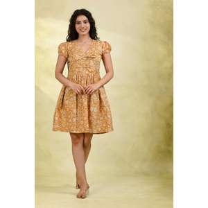 Vestido Midi Floral para Mujer, Color Amarillo Mostaza, Manga Abullonada, Ecológico, Lavable, Estilo Casual Indio con Cintura Natural - Product Image 1