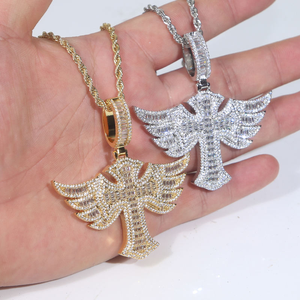 Winged Cross Pendant Necklace Moissanite Diamond 925 Silver <b>Iced</b> <b>Out</b> Angel Wings Religious <b>Chain</b> - Product Image 3