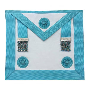 Custom Masonic Apron with Turquoise Fabric Trim Circular Embroidered Patches Beaded Chains <b>Sew</b>-<b>On</b> <b>Badge</b> Design Classical Style - Product Image 1