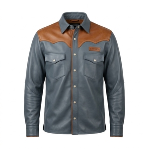 Chaqueta de Cuero Genuino Estilo Occidental Azul Pizarra con Yoke Marrón para Hombre, Venta al por Mayor Personalizada OEM ODM, Abrigo Camisero, Suministro Directo de Fábrica - Product Image 1