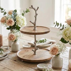 Natural Acacia Wood Eco-Friendly 2-Tier <b>Cake</b> Stand Metal Branch Handle Dishwasher Safe Dessert Display <b>Server</b> for Wedding Party - Product Image 3