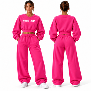High Quality Women's 2 Piece et Tracksuits <b>Jogger</b> Two Piece Pants Set Sweatpants and V Neck <b>Cropped</b> Sweatshirt Set - Product Image 1