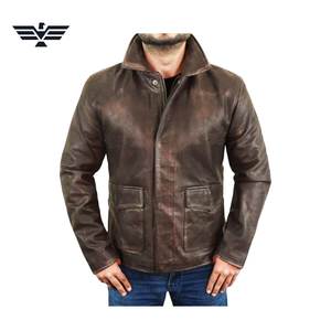 Blouson moto homme en cuir véritable marron, coupe ajustée, respirant, col montant, fermeture éclair, couleur unie, doublure coton, idéal pour l'automne - Product Image 1