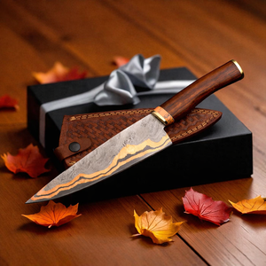 Couteau à viande forgé de haute qualité, lame en acier Damas cuivré, couteau de chef pour trancher et de chasse avec manche en résine pour l'extérieur - Product Image 1