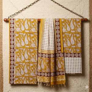 Conjunto de Algodón Floral Amarillo y Blanco Premium para Mujer |   Ropa de Resort Hecha a Mano con Estampado de Bloques de Alta Calidad |   Ropa Casual de Boutique para el Verano - Product Image 1