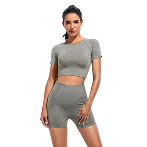 Women 2 Piece Sports <b>Set</b> Solid Mint Green Short Sleeve Crop Top High Waist Biker Shorts Breathable <b>Knitted</b> Quick Dry Gym Wear - Product Image 4