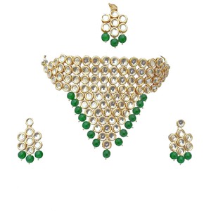 Collier choker indien classique pour femme, pour mariage, fiançailles, anniversaire, fête, vert, cristal traditionnel, Kundan, fausse perle, alliage d'or, cadeau - Product Image 2