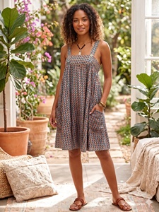 Boho Sweet Woven Printed Rayon Cotton Midi <b>Dress</b> Spaghetti Strap A-Line Loose Fit <b>with</b> <b>Pockets</b> <b>Summer</b> Casual - Product Image 6