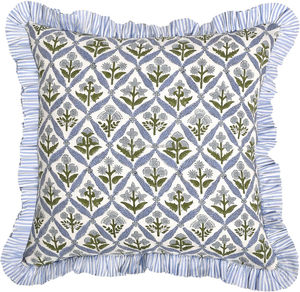 Hot Sale Ridhi Coastal <b>Blue</b> Frill Ruffles Floral 100% Cotton Block Print Vintage Modern Luxury Customizable <b>Throw</b> Pillow Decor - Product Image 1
