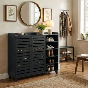 Zapatero Negro de 2 Puertas con 5 Compartimentos Abiertos y Panel Trasero de MDF, Tamaño 116*35.5*107cm - Product Image 1