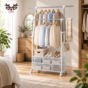Porte-vêtements à roulettes robuste Orbit, double réglage, en métal blanc, avec tiroirs de rangement et étagère - Product Image 6