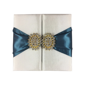 White Silk Wedding <b>Pocket</b> <b>Folder</b> with Rhinestone Brooch | Embellished Gatefold Invitation | Wholesale, Made in Thailand - Product Image 4