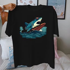 เสื้อยืดลายฉลามสำหรับผู้หญิงพิมพ์ลายการผจญภัยในมหาสมุทรสวมใส่สบายสไตล์ลำลองผ้าถักผ้าฝ้ายแท้100% - Product Image 1