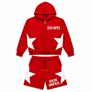 Custom Logo Men's Red Hooded Tracksuit Set White <b>Star</b> Panel Design Zip-Up Hoodie <b>Jacket</b> Shorts Combo Premium Cotton Fleece OEM - Product Image 1