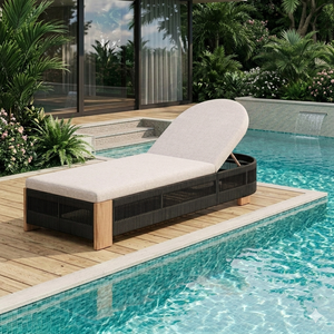 Chaise longue en teck avec coussin, lit de repos contemporain pour extérieur et bord de piscine, avec dossier solide et pieds coniques - Product Image 2