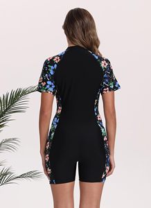 Women <b>Black</b> Floral Print <b>Short</b> <b>Sleeve</b> Rash Guard Swimwear Anti-UV Spandex Polyester Sports Wear Outdoor Clothing - Product Image 2
