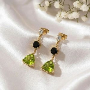 Designer Peridot Trillion Cut & Black Obsidian Drop <b>Earrings</b> With CZ Accent Minimalist Gemstone <b>Stud</b> Dangle <b>Earrings</b> Handmade - Product Image 1