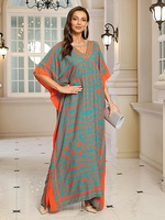 Robe longue maxi pour femme à col en V, imprimé géométrique, manches courtes, en mousseline, style empire, pour les vacances d'été, motif orange et turquoise, longue tunique kaftan