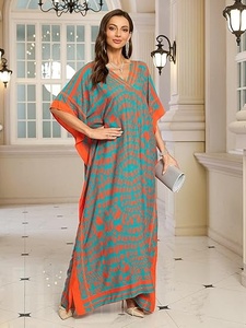 Vestido Largo Maxi de Gasa con Estampado Geométrico y Cuello en V para Mujer, Estilo Vacaciones de Verano, Manga Casquillo, Corte Imperio, Kaftán Largo Estampado Naranja y Verde Azulado - Product Image 5