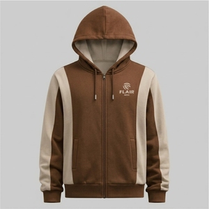 Sweat à capuche zippé en molleton à empiècements, coupé et cousu sur mesure |   Sweat à capuche pour homme en tissu épais marron et beige - Product Image 2