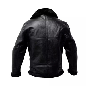 Blouson aviateur en cuir véritable pour homme REAC READY INDUSTRY, col rabattu, doublure en fausse fourrure, fermeture éclair, respirant, coupe-vent - Product Image 2