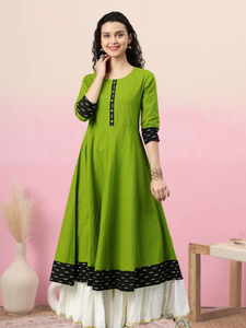 Cotton Slub Anarkali <b>Kurta</b> Dress Ikat Printed Floral Blouse Ethnic <b>Women</b> Summer Casual Knee-Length Sun Protection - Product Image 4