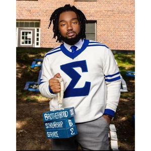 V-Neck Sweaters Full Sleeve Chenille Letter Sigma Design Blue White Color Regular Fit All Seasons Wear - Product Image 4