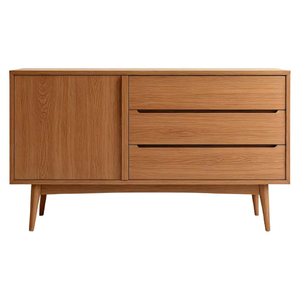Midcentury Modern Solid <b>Wood</b> Living Room <b>Cabinet</b> with 3 Drawers and Slab Door <b>Storage</b> Furniture - Product Image 1