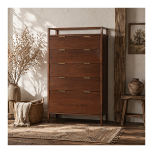 Commode haute moderne en pin massif SAPA RANGE avec 5 tiroirs, écologique, durable, meuble de rangement autoportant pour chambre à coucher - Product Image 1