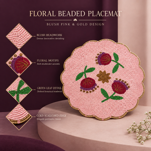 Pink Floral <b>Beaded</b> <b>Placemat</b> Round Glass Bead Table Mat Handmade Dining Decor Botanical Flower Pattern | Gold Scalloped Edge Mats - Product Image 5